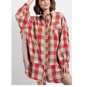 Easel S Red Plaid Oversized Shirt Dress Casual Boho Cottagecore Western Fray Hem